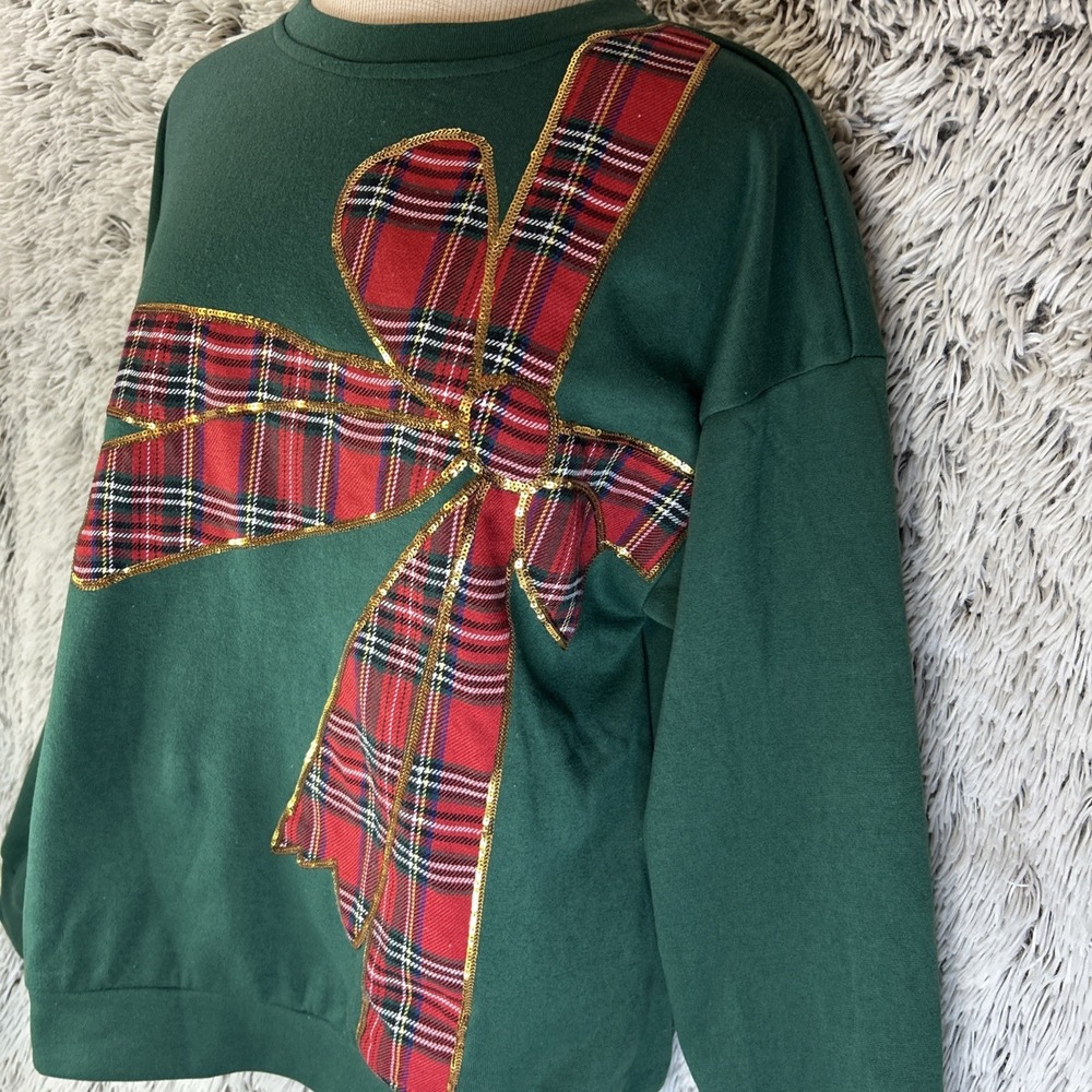 Bibi Green Red Plaid Ribbon Crewneck Pullover Christmas Gold Sequin Holiday Sz S - Picture 3 of 12
